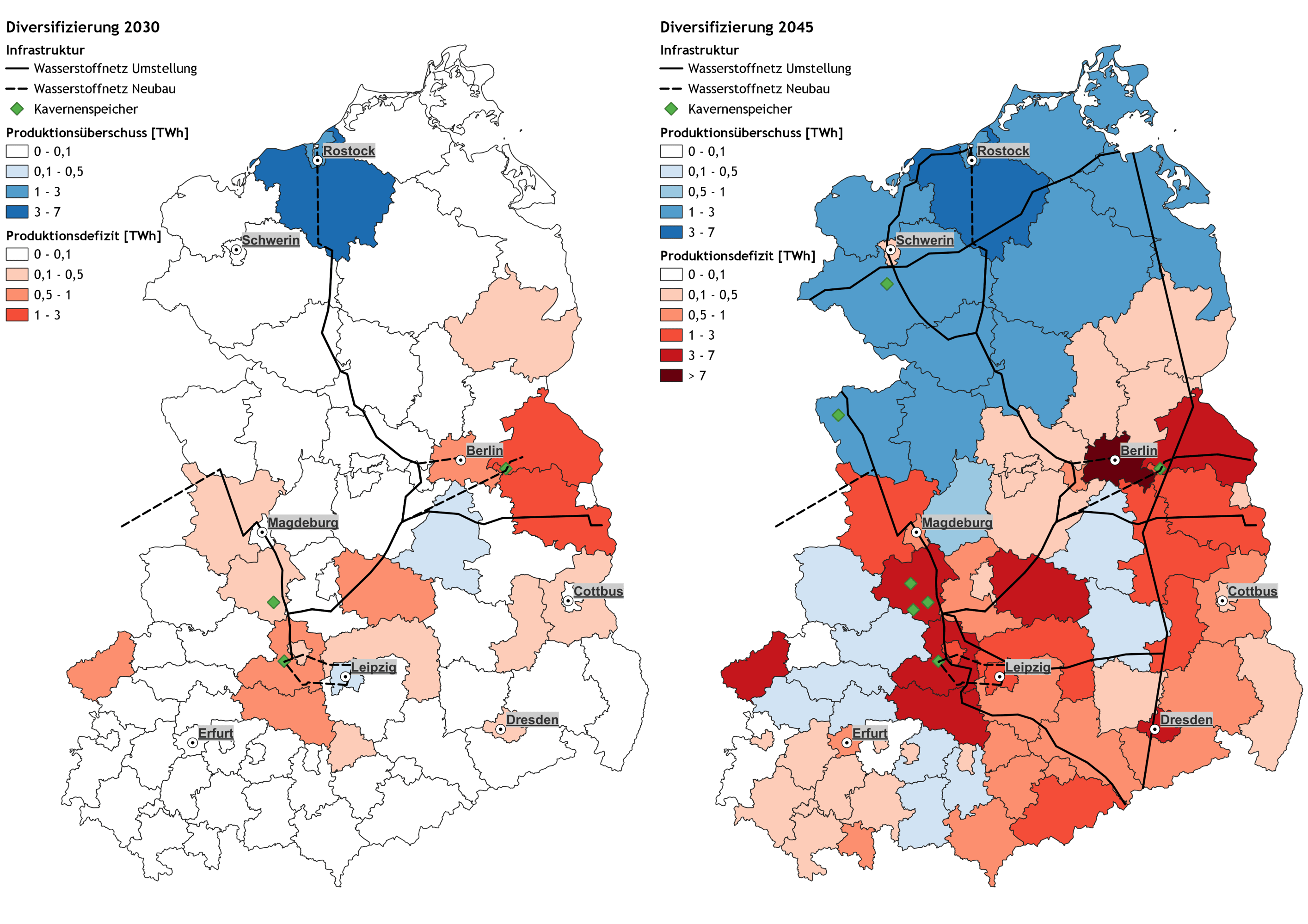 Abbildung 1: Potenzielles Wasserstoffnetz im Szenario Diversifizierung für 2030 (links) und 2045 (rechts)