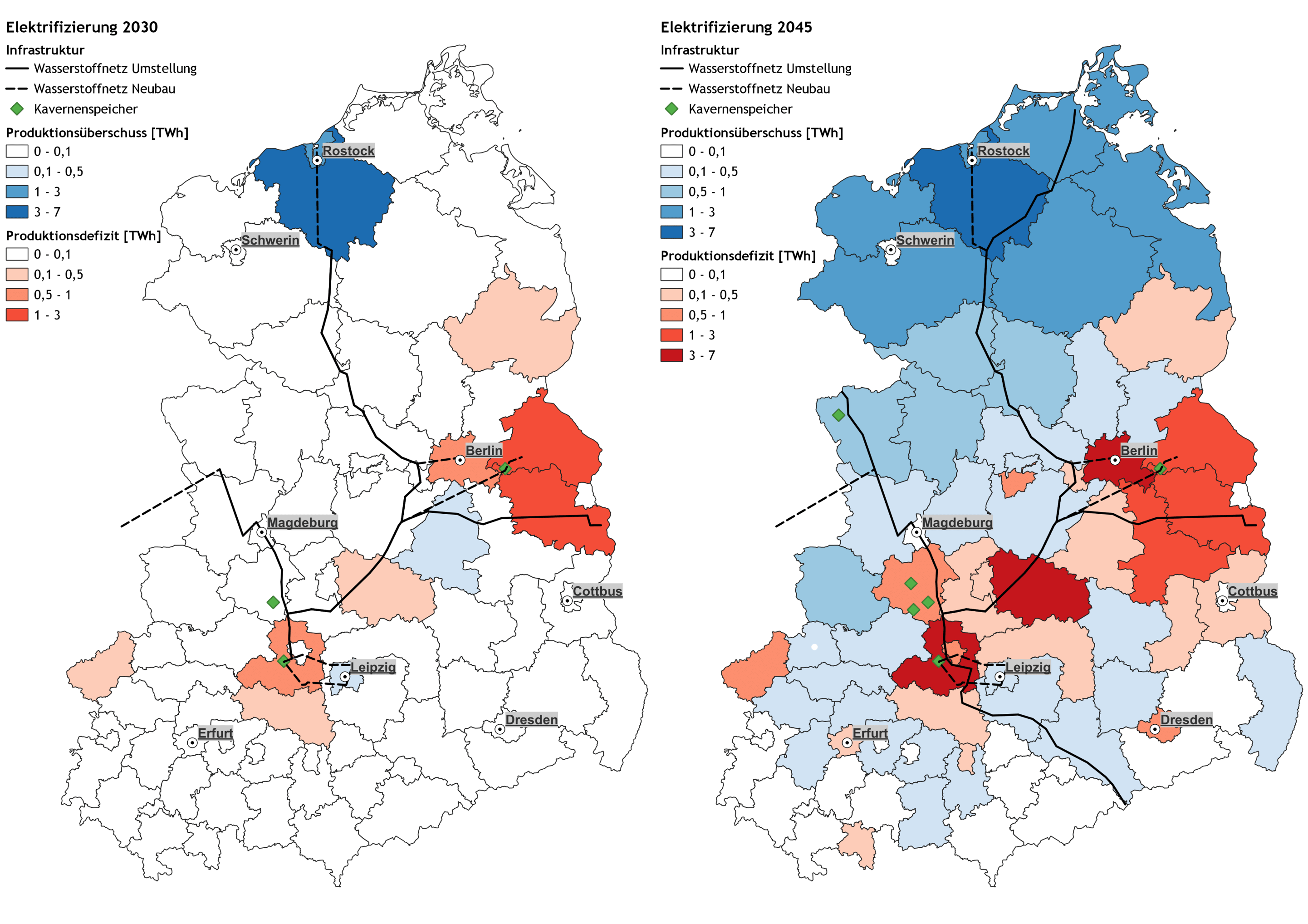 Abbildung 2: Potenzielles Wasserstoffnetz im Szenario Elektrifizierung für 2030 (links) und 2045 (rechts)