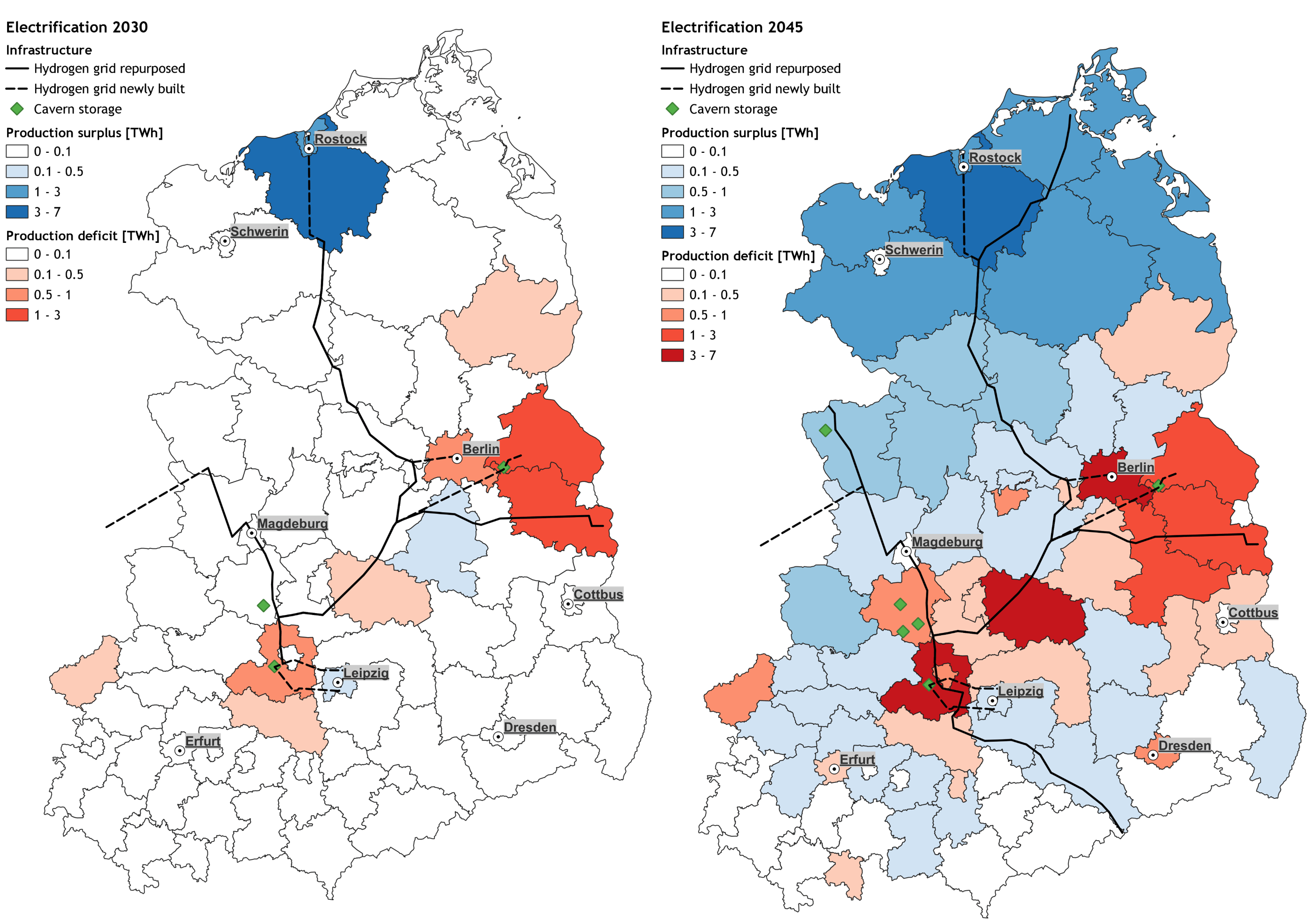 Figure 2: Potential hydrogen grid in the Electrification scenario for 2030 (left) and 2045 (right)